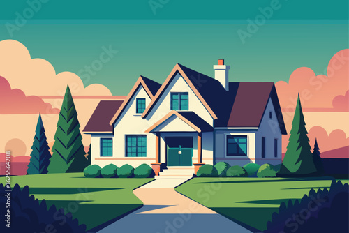 suburban home with professionally landscaped yard .eps