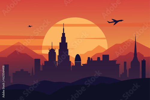 sunset skyline with birds and flying airplane  .eps