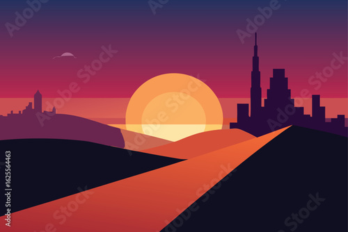 sunset vector with long shadows and skyline  .eps