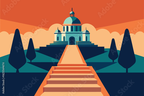symmetrical palace design with staircase and garde.eps