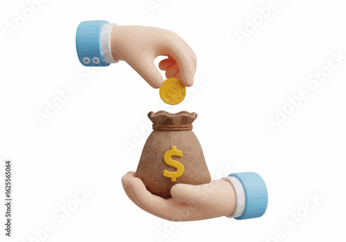 Hand putting gold coin into money bag with dollar sign held by another hand on white background