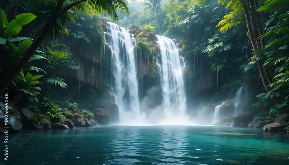 Crystal-clear waterfall in a tropical jungle with rainbow mist Crystal-clear waterfall in a tropical jungle with rainbow mist