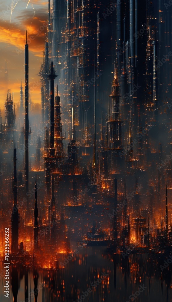 Obraz premium Dark Futuristic Cyberpunk Cityscape with Glowing Skyscrapers, Golden Lights at Night