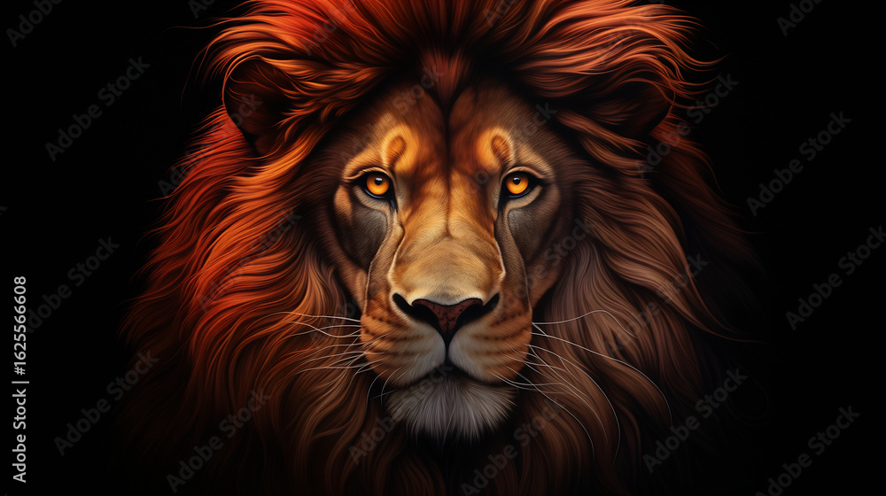 Fototapeta premium Majestic close-up portrait of an African lion with a fierce, powerful gaze and fiery mane. Perfect for representing leadership, strength, courage, or wildlife conservation themes