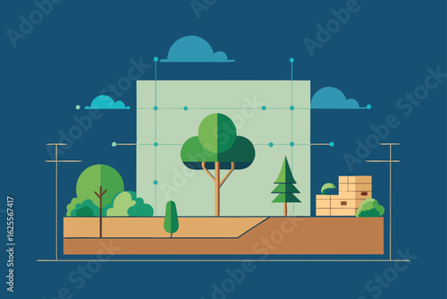 tree and garden layout in landscape blueprint  .eps