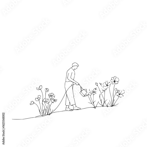 Man watering flowers garden gardener gardening plant care flowerbed horticulture outdoor activity line art 100