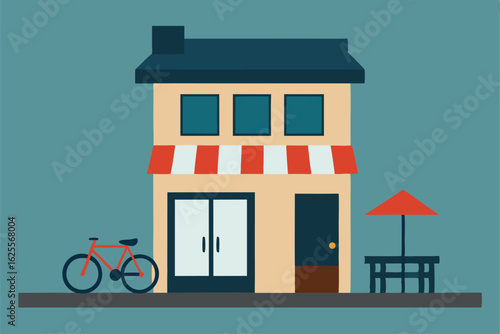 urban townhouse vector with sidewalk cafe and bike.eps