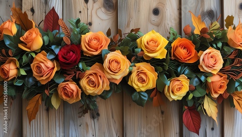 Autumnal Floral Arrangement Against Wooden Background
