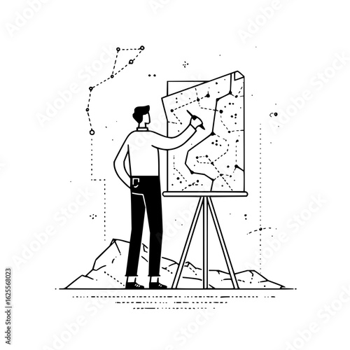 Man drawing constellation map on easel astronomy star chart astrology science education knowledge study 100