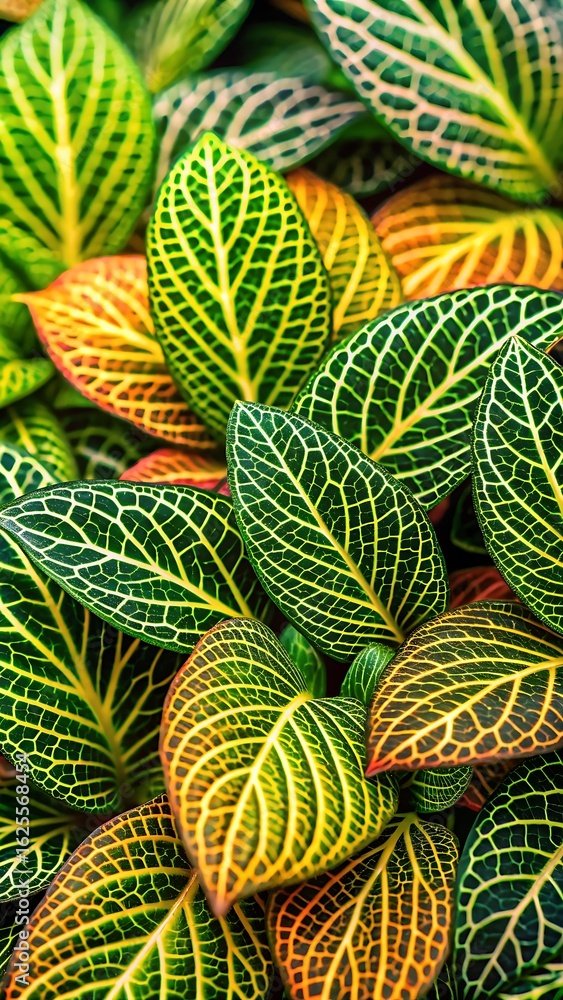 Obraz premium Closeup of colorful fittonia leaves with intricate vein patterns and textures