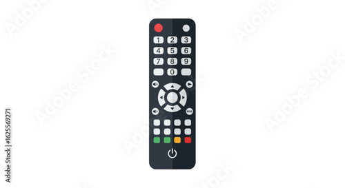 Black remote control with white buttons and red power button icon.