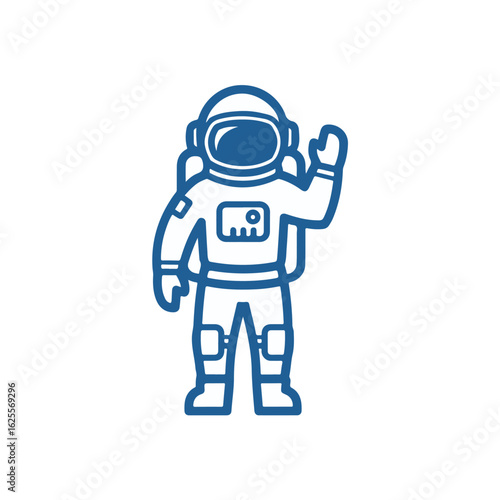 A friendly blue outline illustration of an astronaut in a space suit, standing and waving hello.