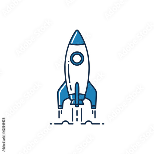 A stylized line art illustration of a blue and white rocket ship taking off from the ground.