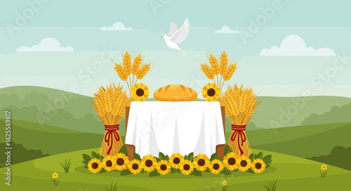 A white table set with a loaf of bread, surrounded by wheat sheaves and sunflowers, under a flying white dove in a serene green landscape.