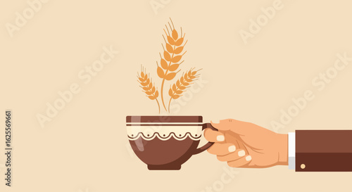 A hand holding a brown cup with wheat stalks emanating from the top, steam rising.