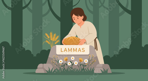 A person placing bread on a stone altar, celebrating Lammas in a forest setting.