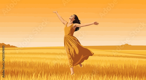 A joyful woman in a flowing dress with arms outstretched, celebrating freedom and happiness in a golden wheat field under a warm, expansive sky.