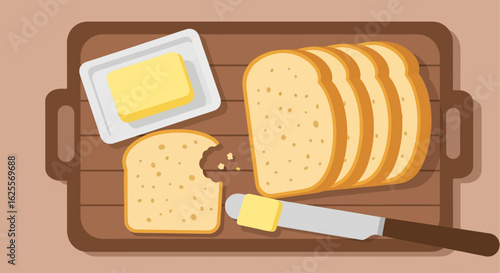Sliced bread, butter, and a knife are arranged on a wooden tray, with one slice partially eaten.