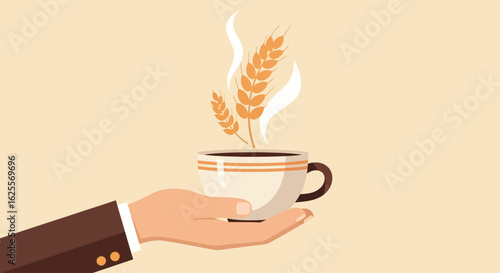 Hand holding a steaming cup with wheat stalks emerging, symbolizing agriculture, harvest, and a warm beverage.
