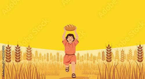 A joyful young boy in a tunic runs through a golden wheat field, holding a loaf of bread high.