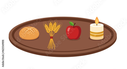 An offering tray with a bread roll, a sheaf of wheat, a red apple, and a lit candle.