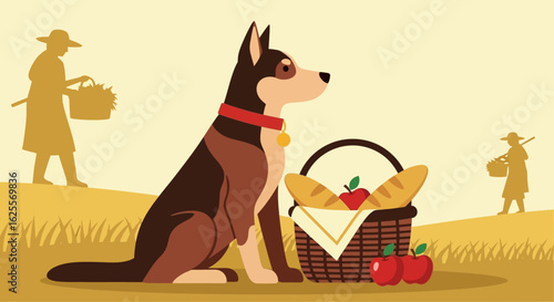 A friendly dog sits patiently beside a picnic basket filled with bread and apples, while farmers harvest in the background.