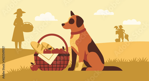 A rustic picnic scene featuring a dog and people harvesting crops in a golden field.