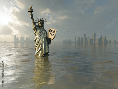 Sinking statue of Liberty in New York  saying good bye