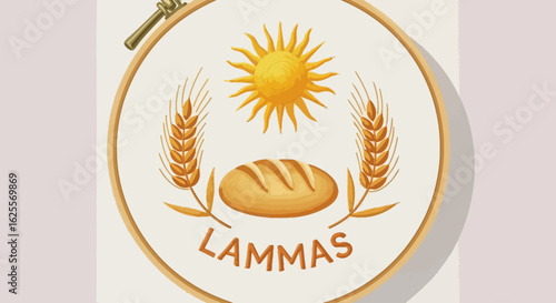 Embroidered Lammas design featuring sun, wheat, and bread.