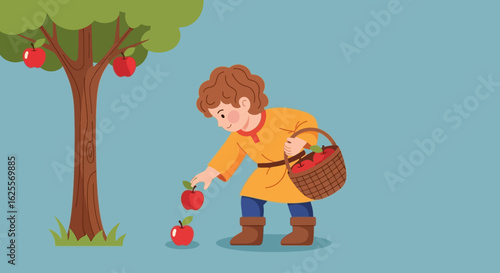 A young boy with a basket gathers ripe red apples from the ground under a tree.