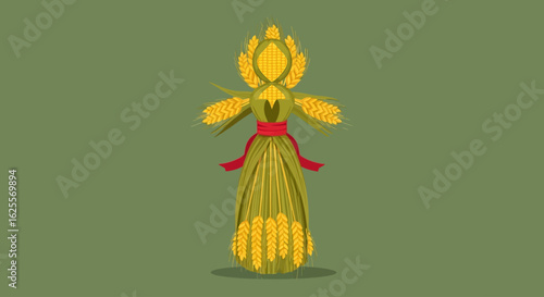 A traditional folk doll crafted from golden wheat stalks, adorned with a red ribbon, symbolizing harvest and rural life.