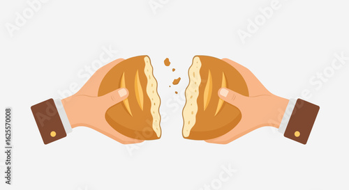Two hands in business attire are breaking a loaf of bread in half, symbolizing sharing or division.