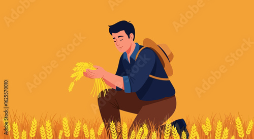 A farmer kneels in a golden wheat field, examining a handful of ripe stalks under a warm, sunny sky.