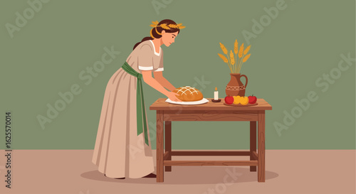 A woman in a toga-like dress places a loaf of bread on a wooden table, adorned with a candle, jug, and wheat stalks.