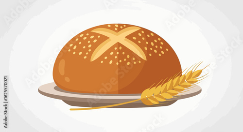 A golden-brown, crusty round bread roll with a cross-shaped score and sesame seeds, presented on a white plate next to a single stalk of wheat.