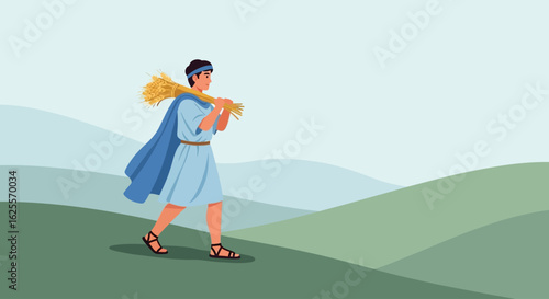 A man in ancient attire walks across a hilly landscape carrying a bundle of golden wheat.