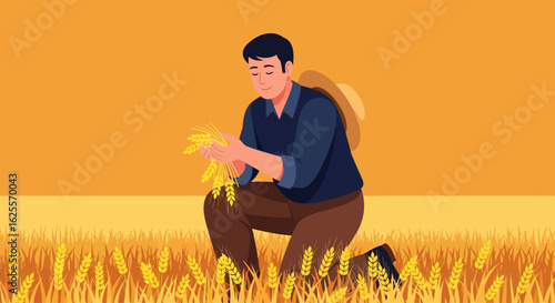 A man kneeling in a golden wheat field, carefully inspecting the ripe grain during harvest.