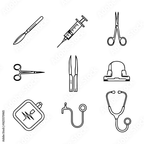 A collection of medical tools scalpel syringe scissors forceps examination light heart monitor otoscope stethoscope