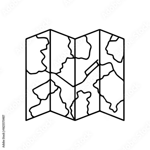 A folded map is depicted with irregular land masses outlined in black lines within its rectangular frame