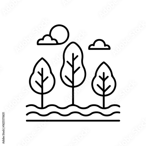 A minimalist landscape depicts three trees two clouds and a sun above wavy land