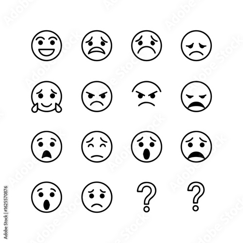 Array of diverse lineart emoticons depicting a range of emotions and question marks arranged in a grid pattern