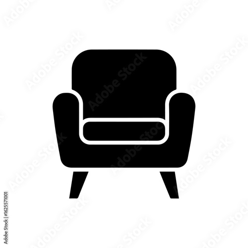 Black armchair rounded seat armrests and short legs silhouetted against a white backdrop
