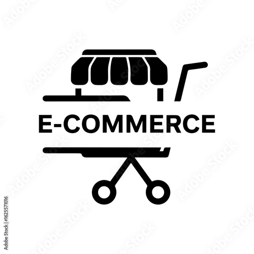 Black ecommerce logo with shopping cartstorefront above ECOMMERCE text and a wheeled base
