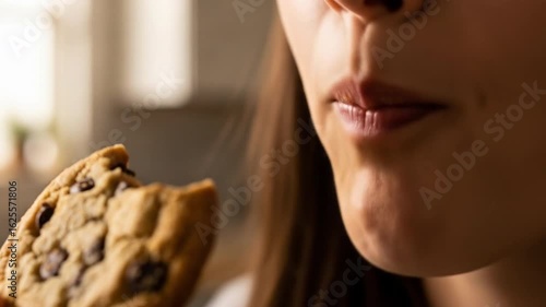 Close-up sequence of a woman enjoying a freshly baked chocolate chip cookie displaying joy