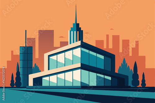vector of a modern glass office building with city.eps