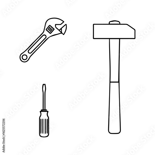 Outlined tools adjustable wrench hammer and screwdriver on a white background