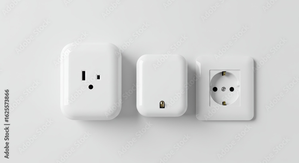 Modern white smart home devices and electrical outlets arranged on a clean background Modern white smart home devices and electrical outlets arranged on a clean background