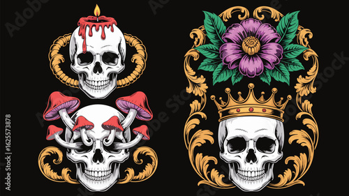 Artistic Skulls Crowned Skull with Flower, Candle Skull, and Mushroom Skull on Black Background