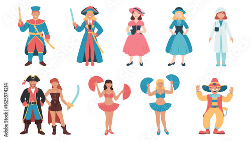 Cartoon Characters in Various Costumes Pirate, Sailor, Dancer, Doctor and Historical Attire