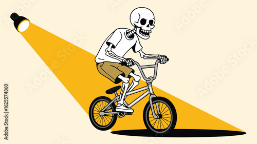 Cartoon Skeleton Rides BMX Bike Under a Spotlight, Wearing Shorts and TShirt